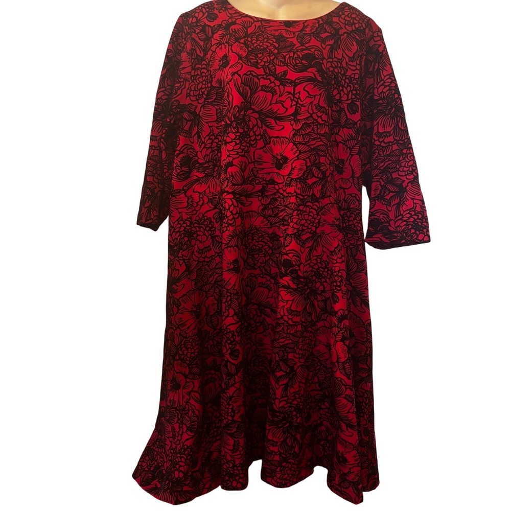 Lands End Women's Velvet Dress 3XL 24 26 3/4 Sleeve EUC Red Black Floral Pattern